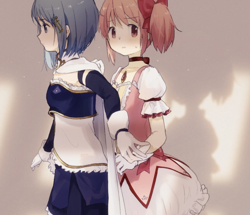 2girls, blue_eyes, blue_hair, gloves, kaname_madoka, magical_girl, mahou_shoujo_madoka_magica, miki_sayaka