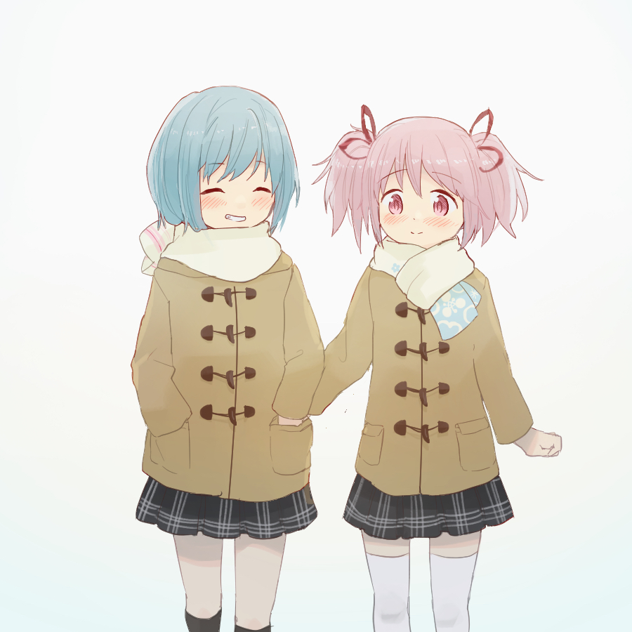 2girls, blue_hair, hair_ribbon, kaname_madoka, mahou_shoujo_madoka_magica, miki_sayaka, multiple_girls, pink_eyes, pink_hair, ribbon, short_hair, smile, twintails, un_nm5sy