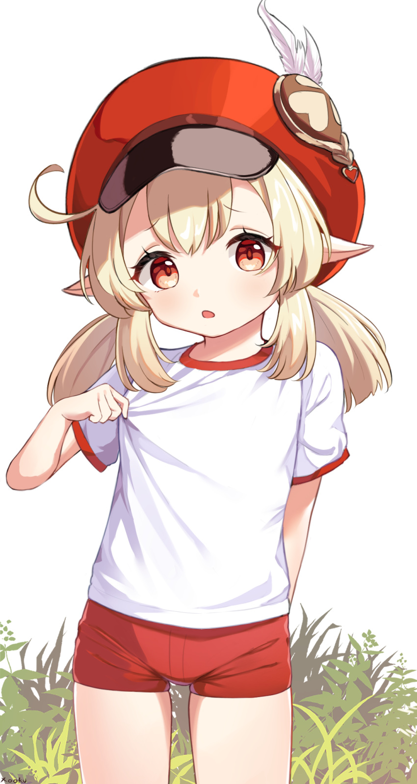 1girl, ahoge, bangs, cabbie_hat, english_commentary, genshin_impact, grass, gym_uniform