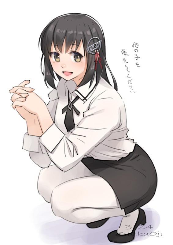 1girl, black_hair, black_neckwear, black_skirt, brown_eyes, dress_shirt, full_body, haguro_(kancolle)