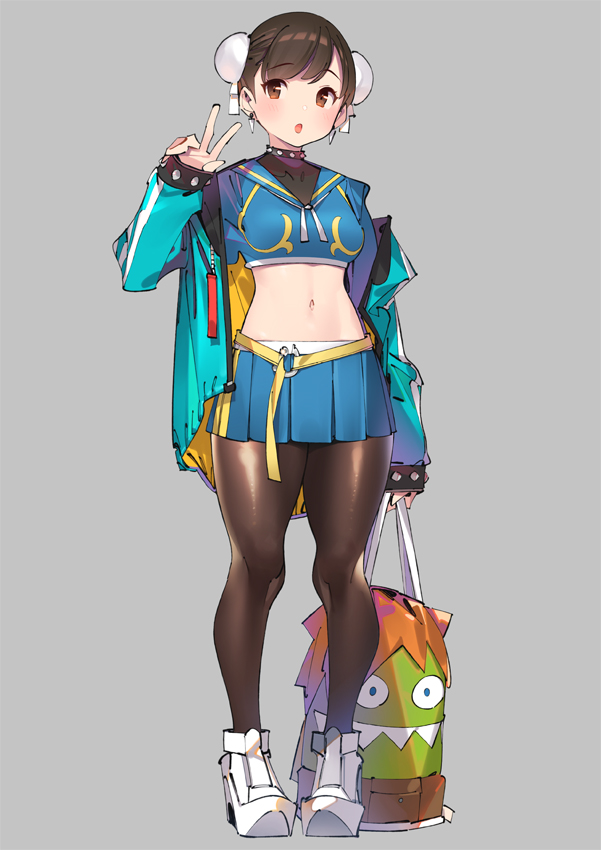 1girl, :o, adapted_costume, aqua_jacket, bag, blanka, blanka-chan, blue_shirt, blue_skirt, breasts, brown_eyes, brown_hair, brown_legwear, bun_cover, chun-li, collar, crop_top, earrings, full_body, grey_background, hand_up, holding, jacket, jewelry, long_sleeves, looking_at_viewer, medium_breasts, midriff, miniskirt, navel, off_shoulder, open_clothes, open_jacket, open_mouth, pantyhose, pleated_skirt, poppuqn, raincoat, sailor_collar, school_uniform, serafuku, shirt, shoes, short_hair, simple_background, skirt, sneakers, solo, standing, street_fighter, street_fighter_v, v