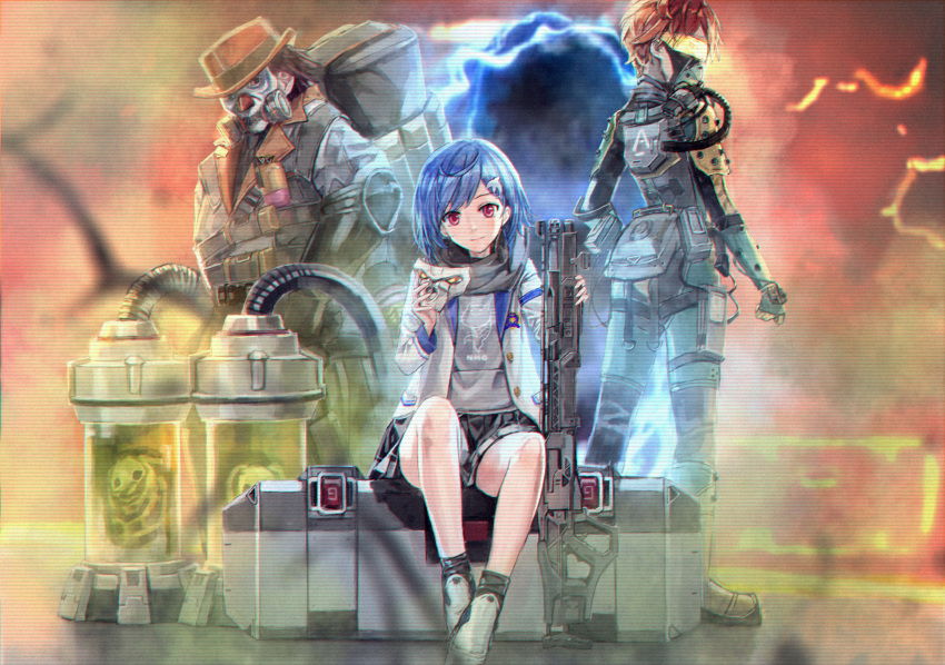 1boy, 2girls, 54cr, apex_legends, bangs, black_eyes, black_skirt, blue_hair