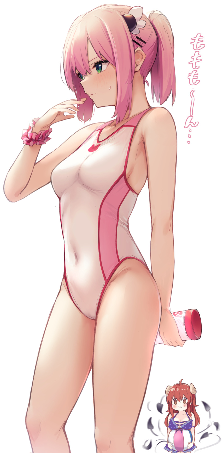 2girls, :3, absurdres, blush, borushichi, bottle, breasts, brown_eyes
