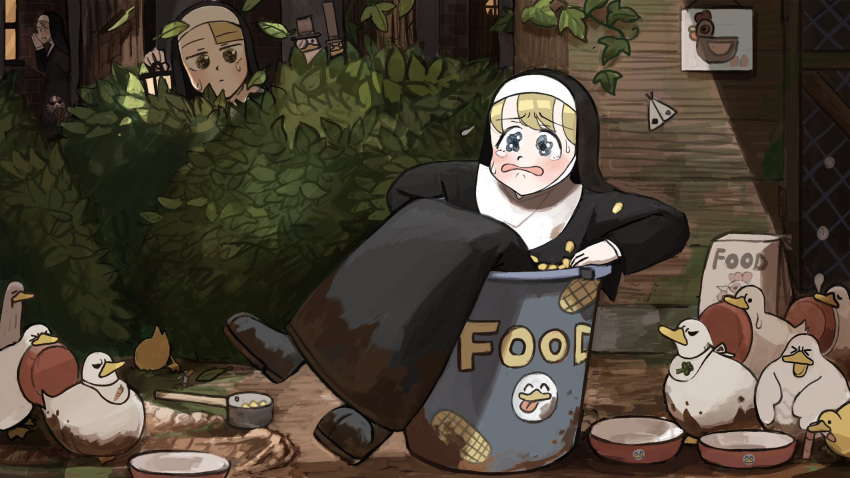 >_<, 3girls, angry, bag, bib, bird, blonde_hair, blue_eyes