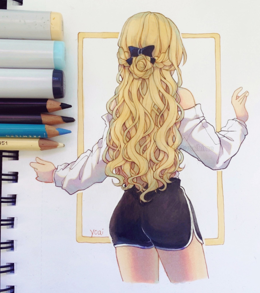1girl, anny_(yoai), ass, bare_shoulders, black_bow, black_shorts, blonde_hair, bow