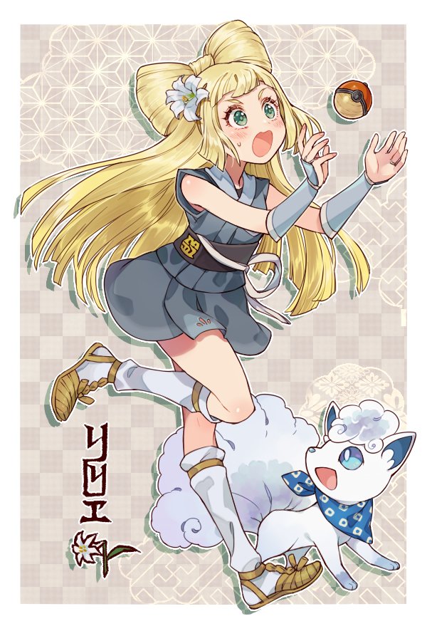 1girl, alolan_form, alolan_vulpix, alternate_costume, alternate_hairstyle, bangs, blonde_hair, blush