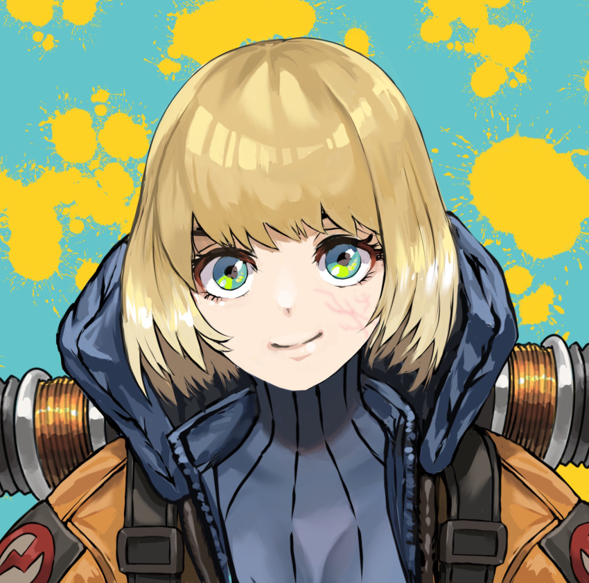 1girl, alternate_eye_color, apex_legends, backpack, bag, bangs, blue_bodysuit, bodysuit, eyebrows_behind_hair, green_eyes, head_tilt, highres, hood, hooded_jacket, jacket, lichtenberg_figure, link_(eggworking), orange_jacket, paint_splatter, ribbed_bodysuit, short_hair, smile, solo, upper_body, wattson_(apex_legends)