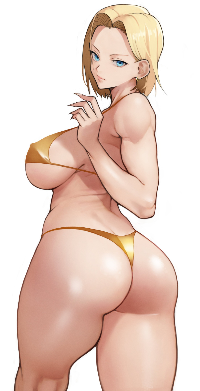 1girl, absurdres, android_18, ass, back, bangs, bare_shoulders, bikini