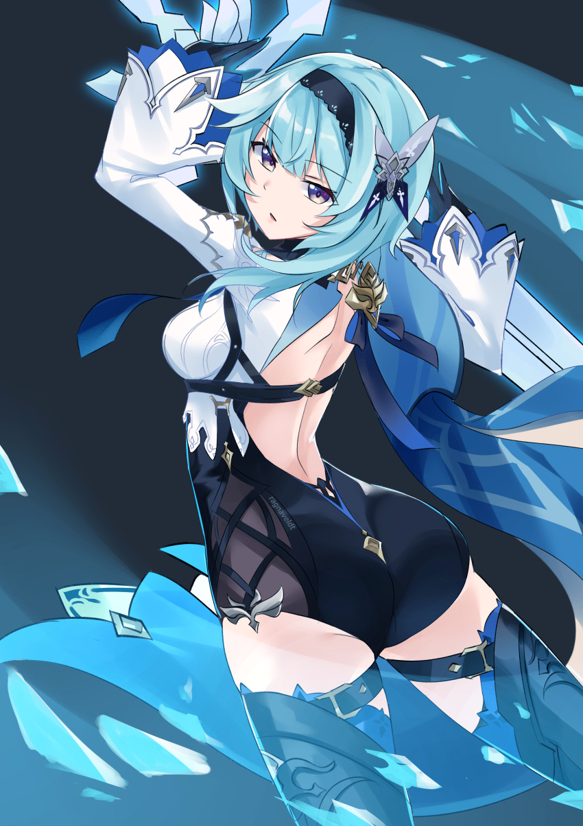 1girl, absurdres, arm_up, ass, back, backless_outfit, blue_hair, breasts, cape, eula_(genshin_impact), from_behind, genshin_impact, gloves, hair_ornament, half-closed_eyes, highres, long_sleeves, open_mouth, ragnaveldt, solo, thigh-highs, thigh_strap