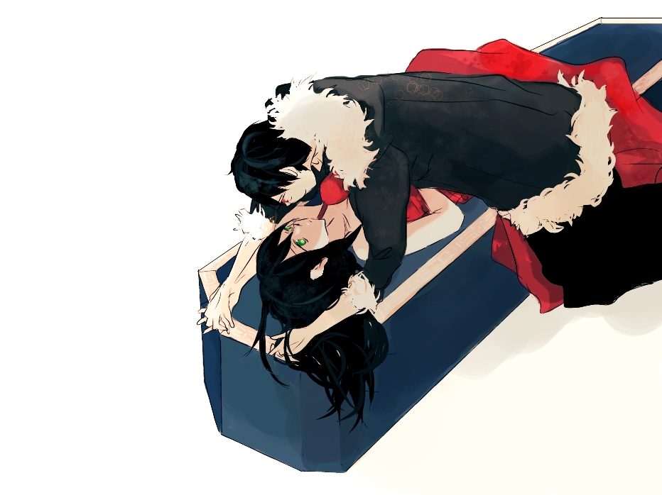 1girl, bent_over, black_hair, coat, coffin, couple, dress, durarara!!