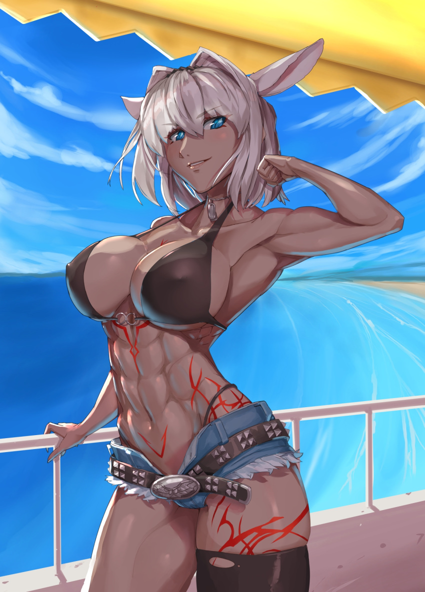 1girl, abs, animal_ears, armpits, bad_arm, bangs, beach, belt