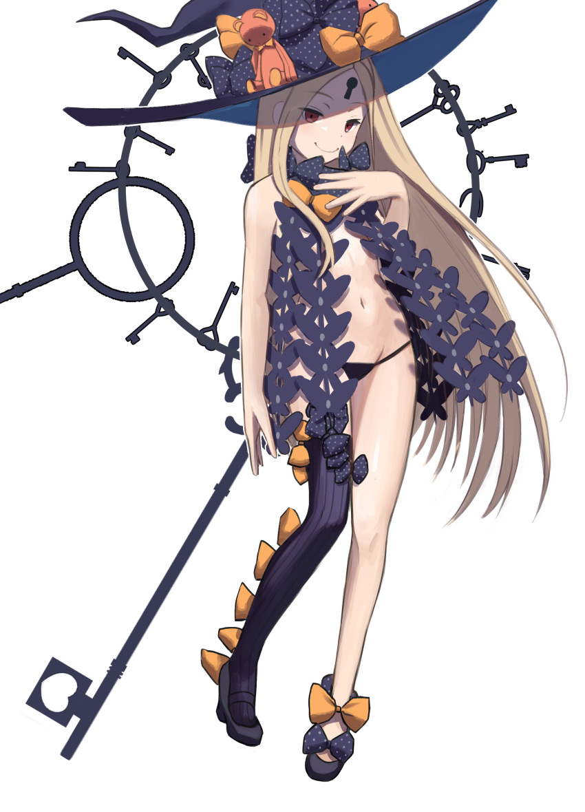 1girl, abigail_williams_(fate), absurdres, bangs, bare_shoulders, black_bow, black_headwear, black_panties, blonde_hair, bow, breasts, chigemisoneki, fate/grand_order, fate_(series), forehead, full_body, hat, hat_bow, highres, key, keyhole, long_hair, multiple_bows, multiple_hat_bows, orange_bow, oversized_object, panties, parted_bangs, red_eyes, simple_background, single_thighhigh, small_breasts, smile, standing, standing_on_one_leg, thigh-highs, underwear, very_long_hair, white_background, white_hair, witch_hat