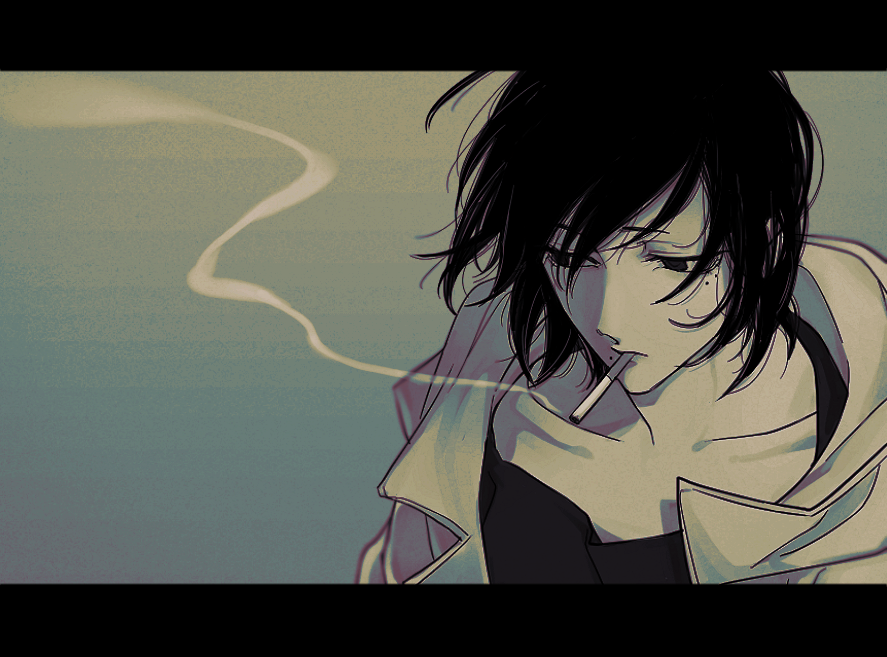 1boy, black_eyes, black_hair, blue_background, cigarette, closed_mouth, coat, collarbone, commentary, expressionless, fire_punch, from_above, gradient, gradient_background, hair_between_eyes, letterboxed, looking_down, manige, mole, mole_under_eye, mole_under_mouth, open_clothes, open_coat, portrait, shirt, short_hair, simple_background, smoke, smoking, solo, togata_(fire_punch), transgender