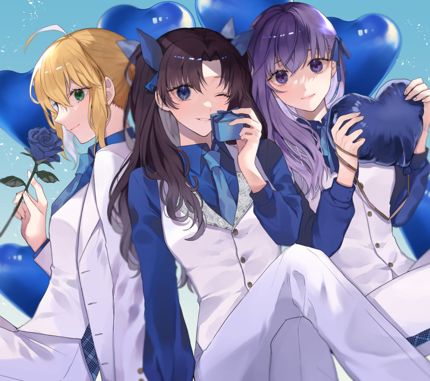 3girls, ;), ahoge, artoria_pendragon_(all), asymmetrical_hair, balloon, blonde_hair, blue_bow, blue_eyes, blue_flower, blue_neckwear, blue_ribbon, blue_rose, blue_shirt, bow, box, brown_hair, collared_shirt, crossed_legs, fate/stay_night, fate_(series), flower, gift, gift_box, green_eyes, hair_between_eyes, hair_bow, hair_intakes, hair_over_shoulder, hair_ribbon, heart, heart-shaped_ballon, highres, holding, holding_balloon, holding_box, holding_flower, long_sleeves, looking_at_viewer, matou_sakura, multiple_girls, neck_ribbon, necktie, one_eye_closed, panties, parted_lips, purple_hair, ribbon, rose, saber, shimatori_(sanyyyy), shirt, short_hair, sidelocks, sitting, smile, tohsaka_rin, twintails, underwear, vest, violet_eyes, white_panties, white_vest, wing_collar