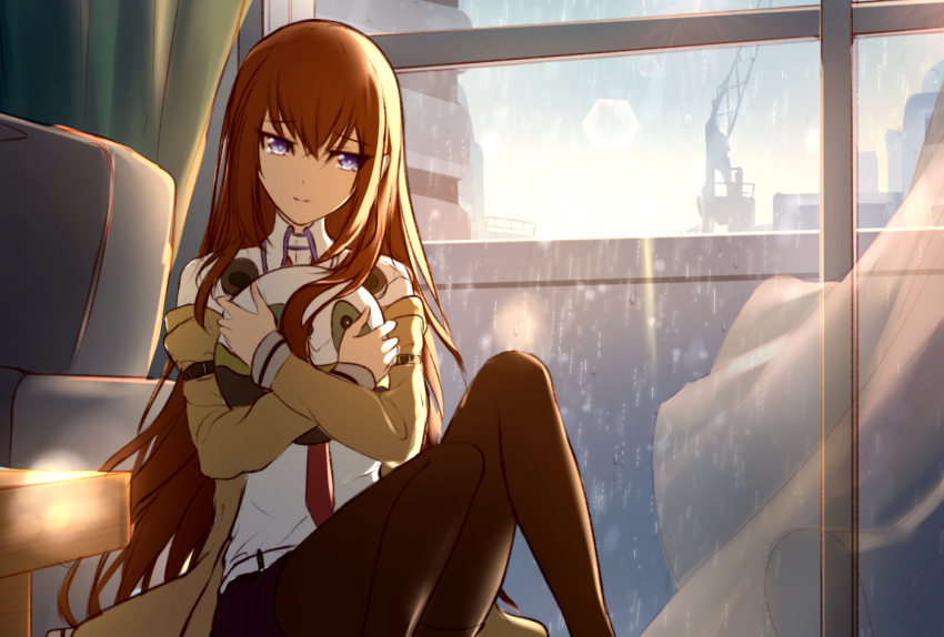 1girl, black_legwear, black_shorts, blue_eyes, brown_coat, brown_hair, closed_mouth, coat