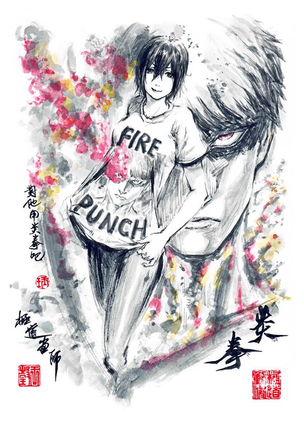 2boys, agni_(fire_punch), breasts, chinese_commentary, chinese_text, closed_mouth, cowboy_shot, fire