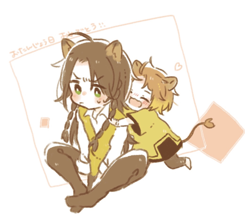 2boys, animal_ears, bangs, black_hair, braid, brown_hair, cheka, chibi