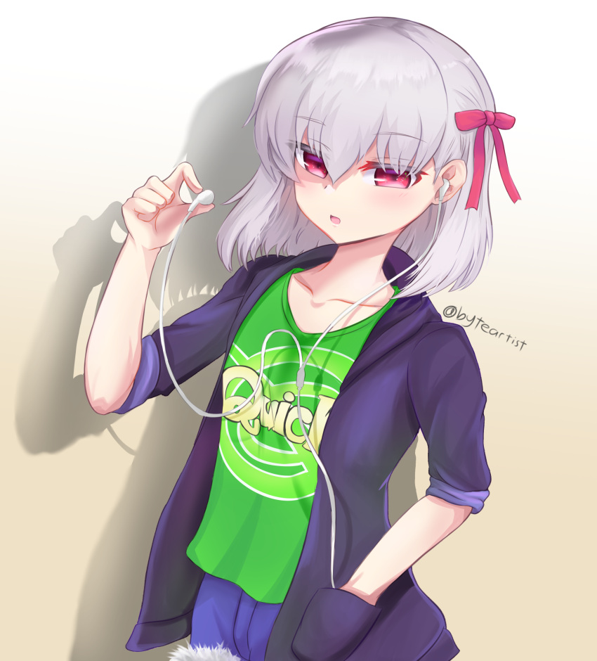 1girl, bangs, blue_shorts, blush, breasts, byte-artist, contemporary, earphones, earphones, fate/grand_order, fate_(series), green_shirt, hair_ribbon, highres, jacket, kama_(fate), long_sleeves, looking_at_viewer, open_mouth, purple_jacket, quick_shirt, red_eyes, ribbon, shirt, short_hair, shorts, silver_hair, small_breasts