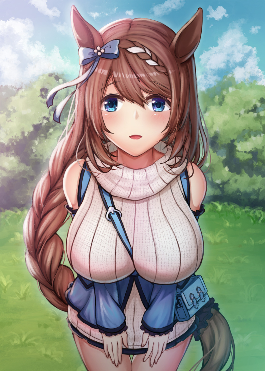 1girl, :d, aiban, animal_ears, bag, beige_sweater, between_breasts, blue_bow