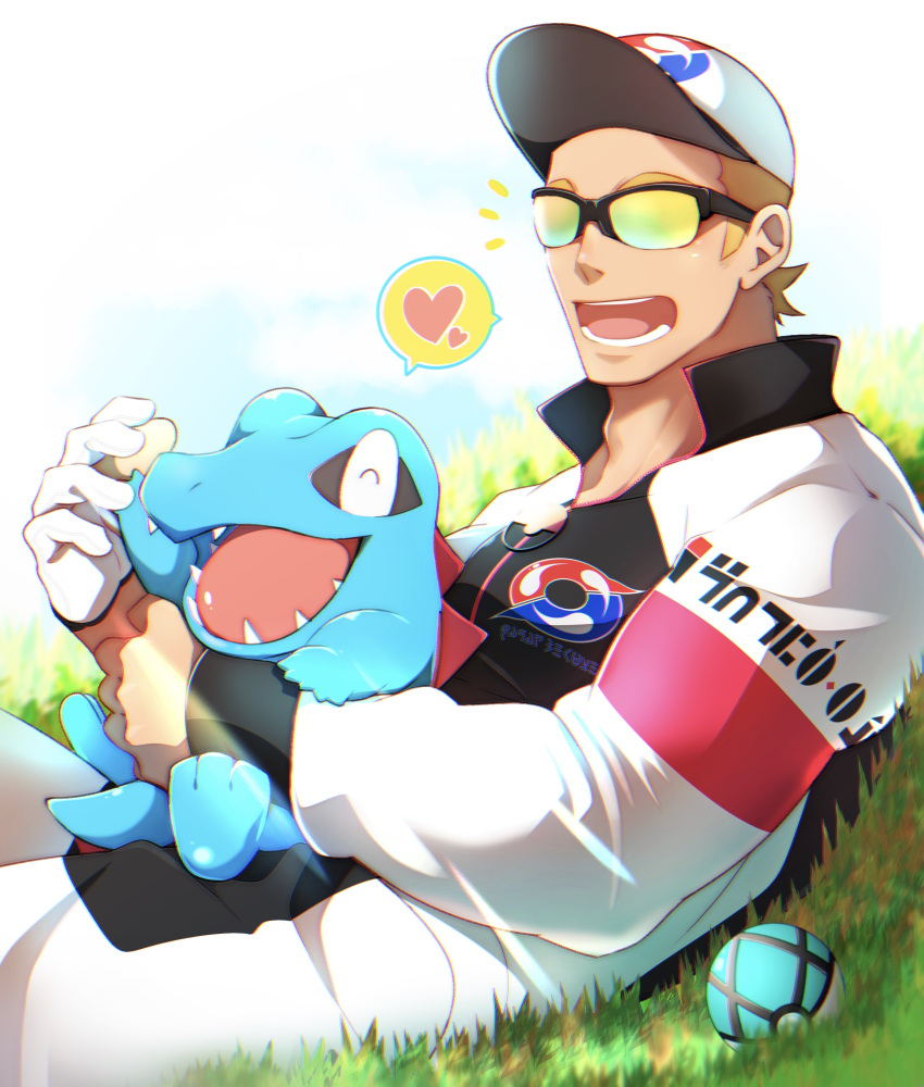 1boy, absurdres, baseball_cap, black-framed_eyewear, blonde_hair, commentary_request, gen_2_pokemon, gloves