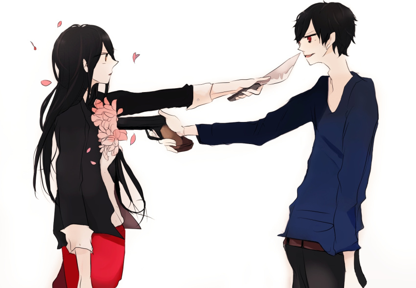 couple, durarara!!, ek_ko, flower, gun, knife, long_hair, orihara_izaya