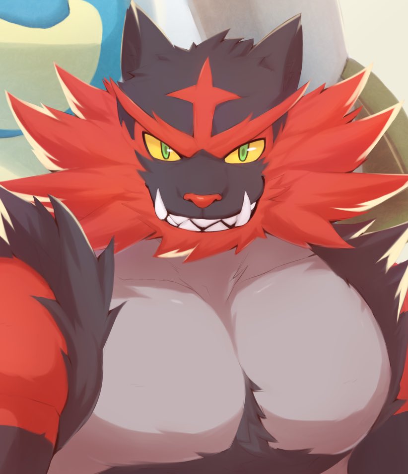 1boy, black_fur, colored_sclera, fangs, fangs_out, furry, gen_7_pokemon, green_eyes