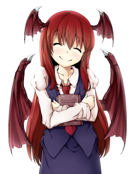 book, book_hug, closed_eyes, demon_wings, happy, head_tilt, head_wings, koakuma