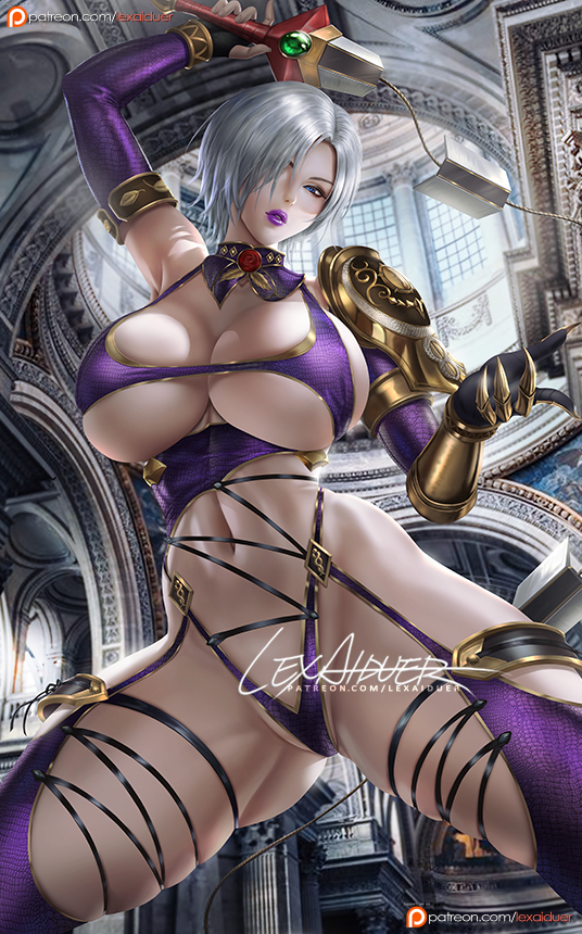 1girl, armpits, asymmetrical_clothes, blue_eyes, breasts, hair_over_one_eye, isabella_valentine, large_breasts