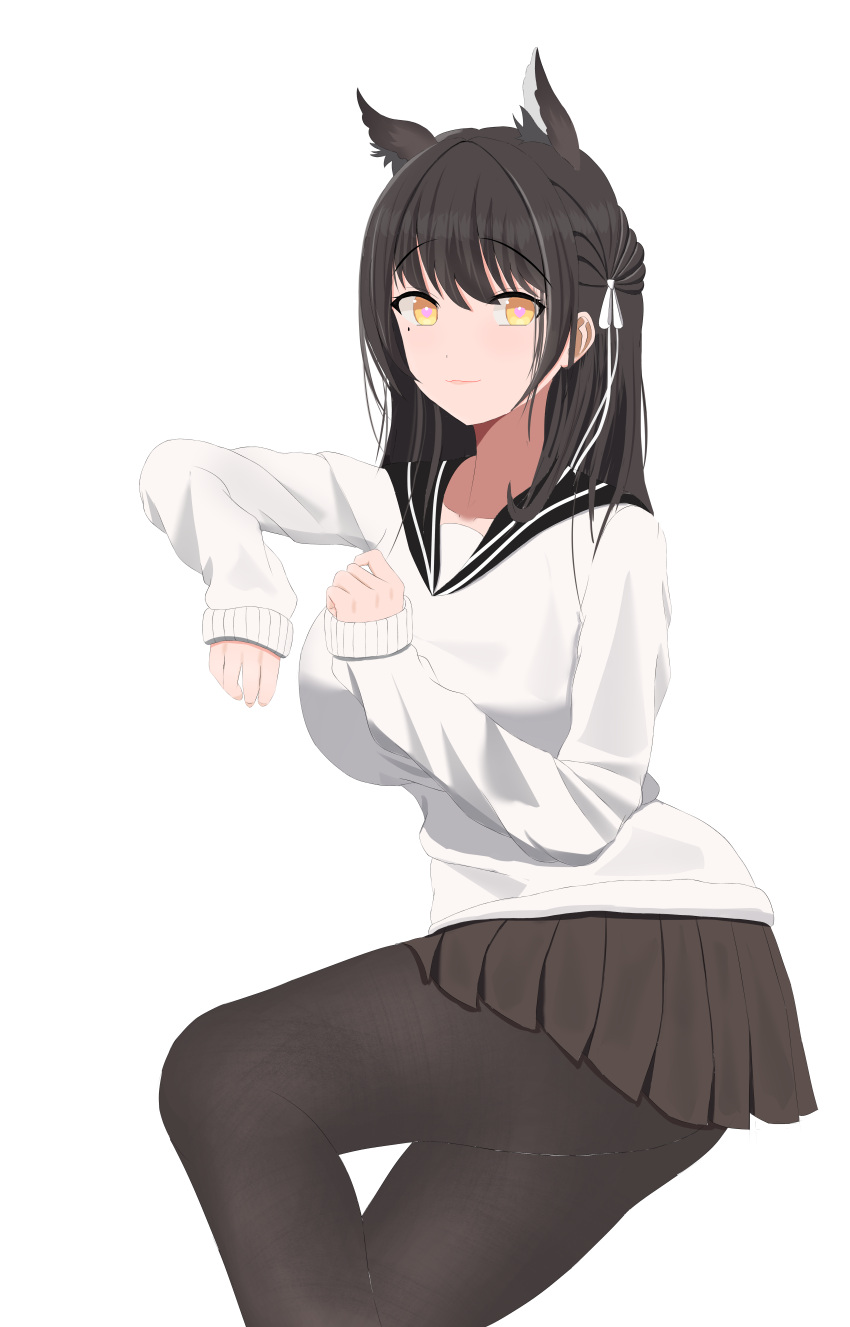 1girl, absurdres, animal_ears, atago_(azur_lane), atago_(school_daydream)_(azur_lane), azur_lane, black_sailor_collar, black_serafuku, breasts, brown_skirt, cardigan, extra_ears, hair_behind_ear, highres, large_breasts, long_hair, looking_at_viewer, miniskirt, mole, mole_under_eye, official_alternate_costume, pantyhose, pleated_skirt, ribbon, sailor_collar, school_uniform, serafuku, simple_background, skirt, solo, tokoro_(4338), white_background, white_cardigan, white_ribbon, yellow_eyes