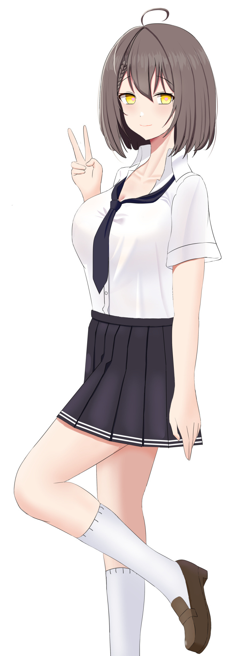1girl, absurdres, ahoge, azur_lane, baltimore_(after-school_ace)_(azur_lane), baltimore_(azur_lane), black_neckwear, black_skirt, braid, brown_footwear, brown_hair, collared_shirt, french_braid, highres, loose_necktie, medium_hair, miniskirt, necktie, official_alternate_costume, shirt, short_sleeves, simple_background, skirt, socks, solo, tokoro_(4338), white_background, white_legwear, white_shirt, yellow_eyes