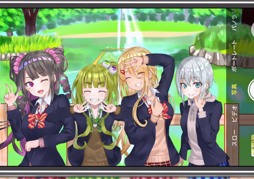 4girls, ;d, bangs, blue_eyes, blunt_bangs, bow, breasts, chanraykotomine