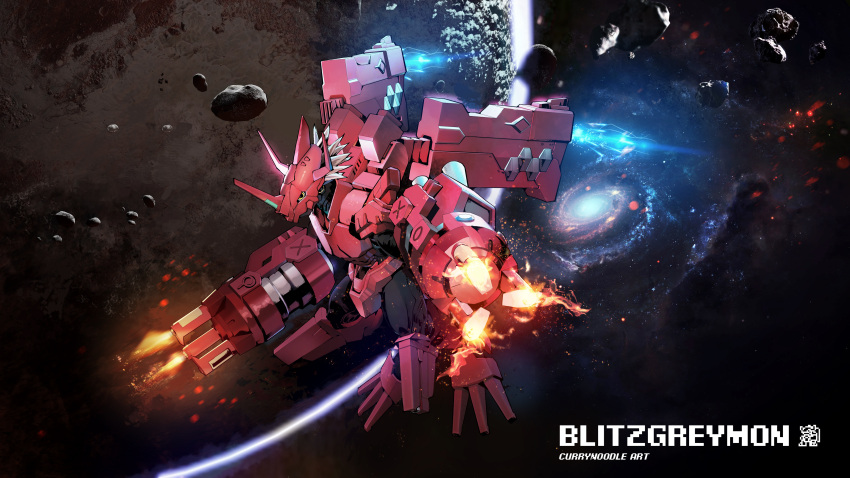 absurdres, arm_cannon, armor, artist_name, asteroid, blitzgreymon, brown_eyes, commentary, digimon, digimon_(creature), digimon_adventure:, english_commentary, fire, full_body, galaxy, highres, horns, looking_at_viewer, mecha, short_hair, solo, space, spiky_hair, star_(sky), weapon, white_hair, yeo_yee_heng