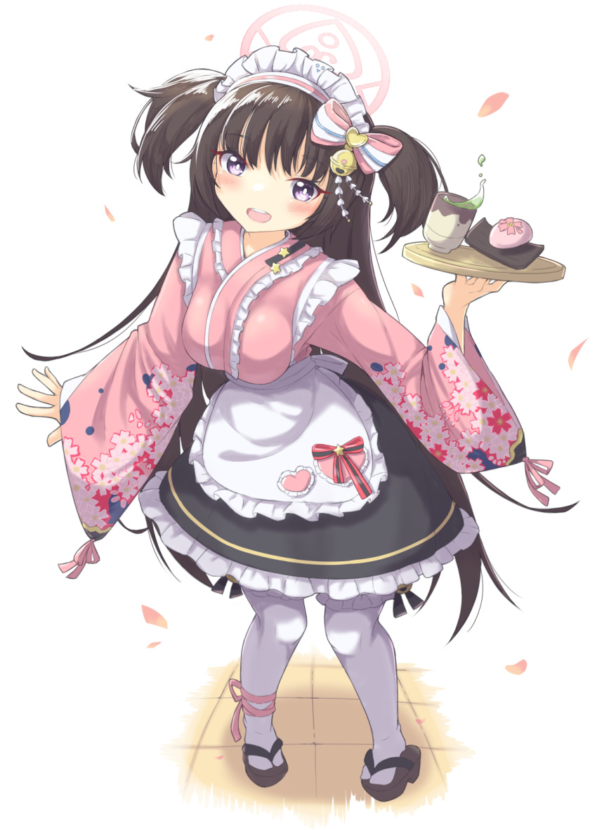 1girl, black_hair, blue_archive, blush, cup, food, full_body, hair_ornament