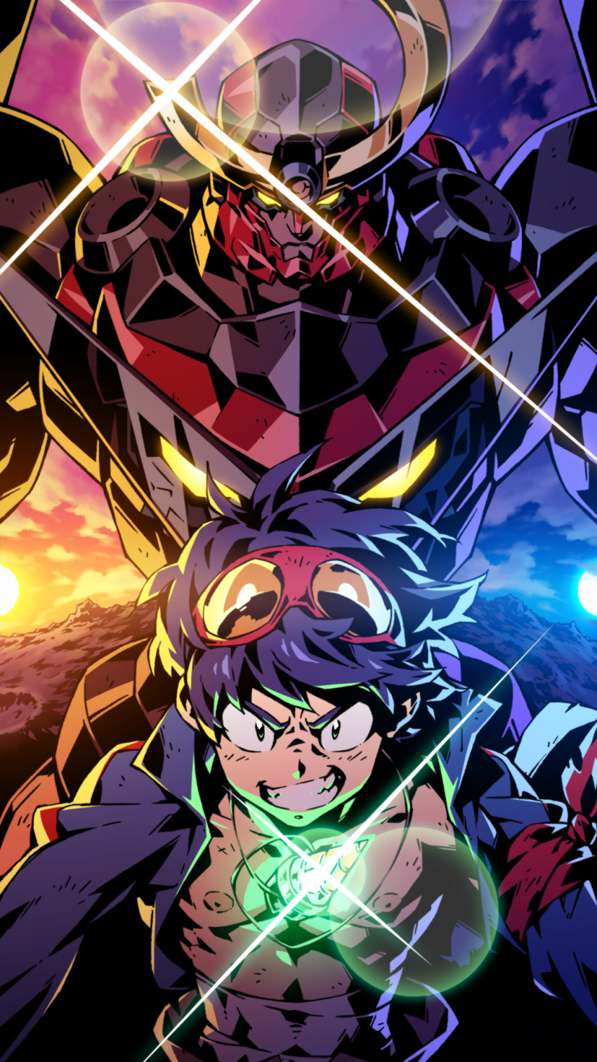 1boy, babamba, bandages, black_jacket, blue_eyes, blue_hair, clenched_teeth, drill
