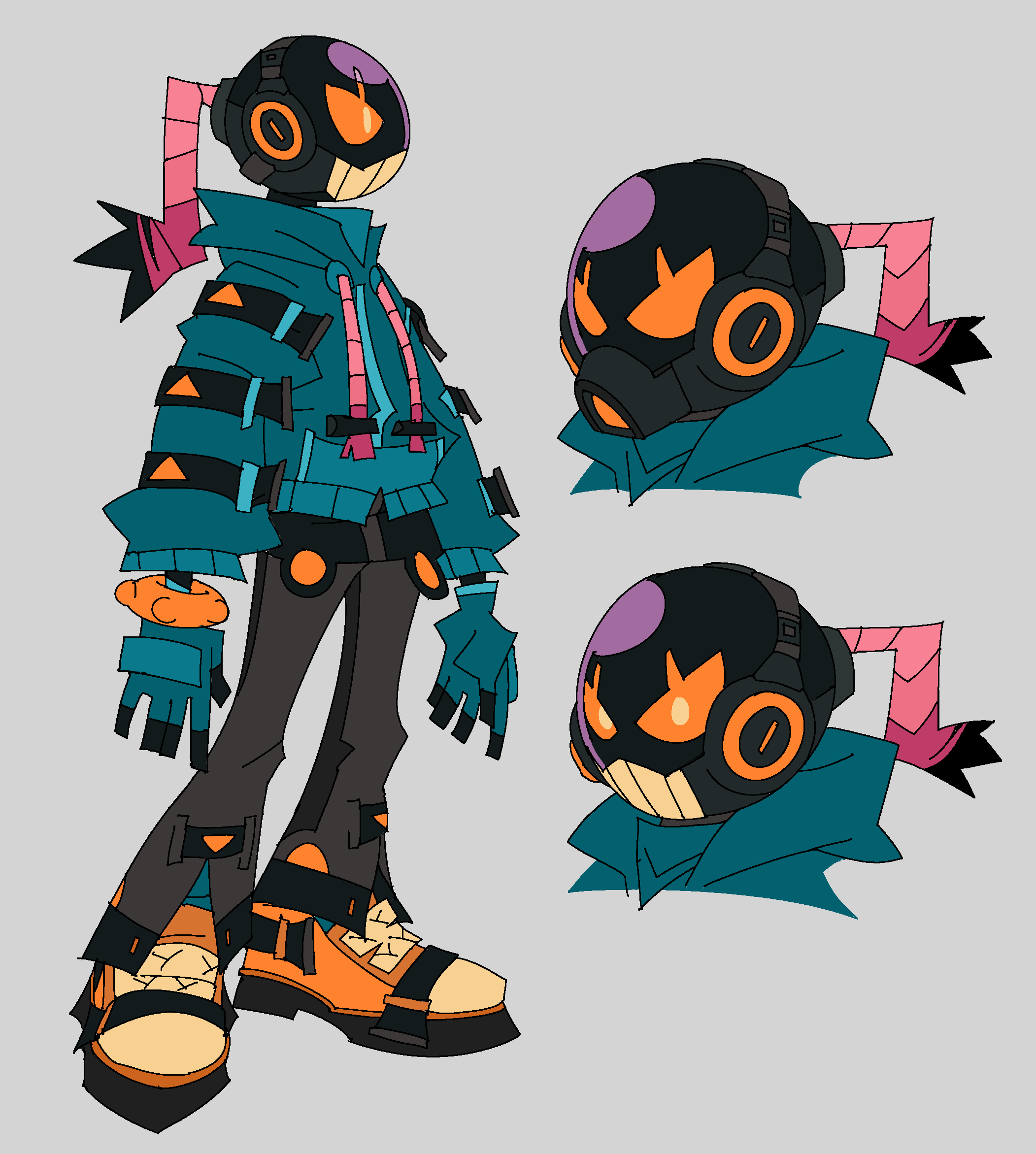 1boy, android, aqua_gloves, aqua_hoodie, bomb, character_sheet, fingerless_gloves, friday_night_funkin', gloves, grey_pants, headphones, highres, hood, hoodie, n0kiyu, orange_eyes, orange_footwear, pants, reference_sheet, shoes, sneakers, teeth, whitty_bomb_guy