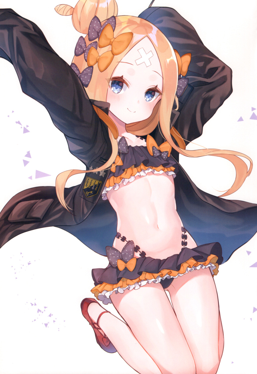 1girl, abigail_williams_(fate), absurdres, arms_up, bandaid, bandaid_on_forehead, bangs, bikini