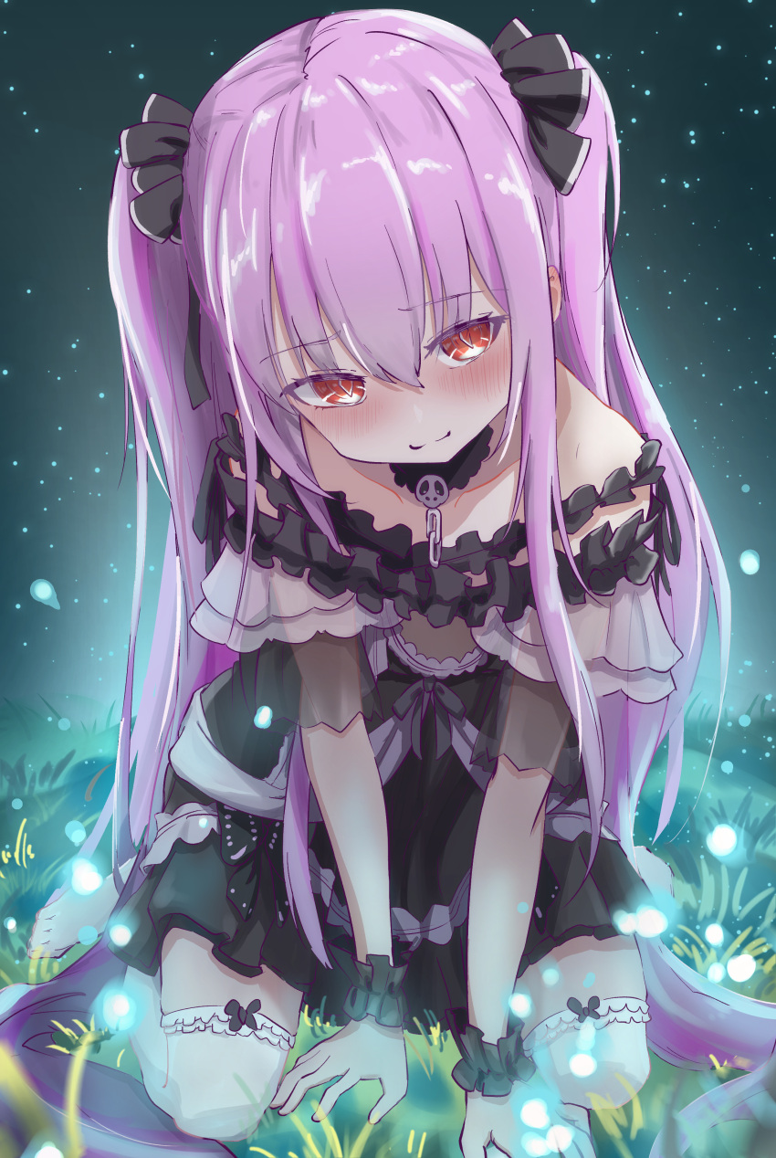 1girl, absurdres, arm_support, bangs, bare_shoulders, black_dress, blush, brooch