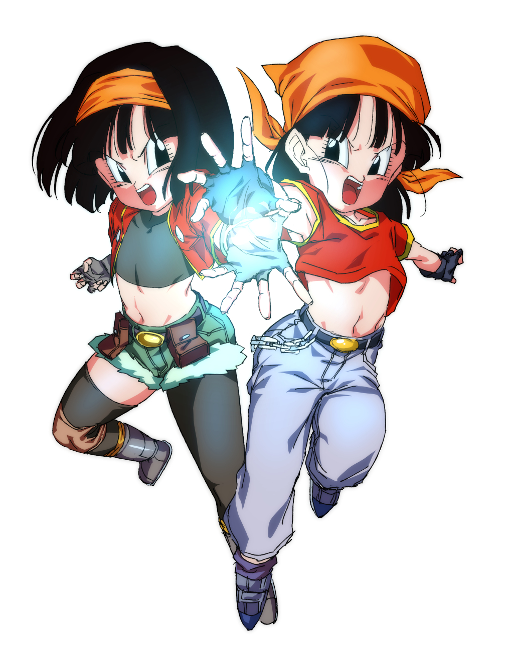 2girls, arm_at_side, armpits, asymmetrical_legwear, attack, bandana, belt, black_belt