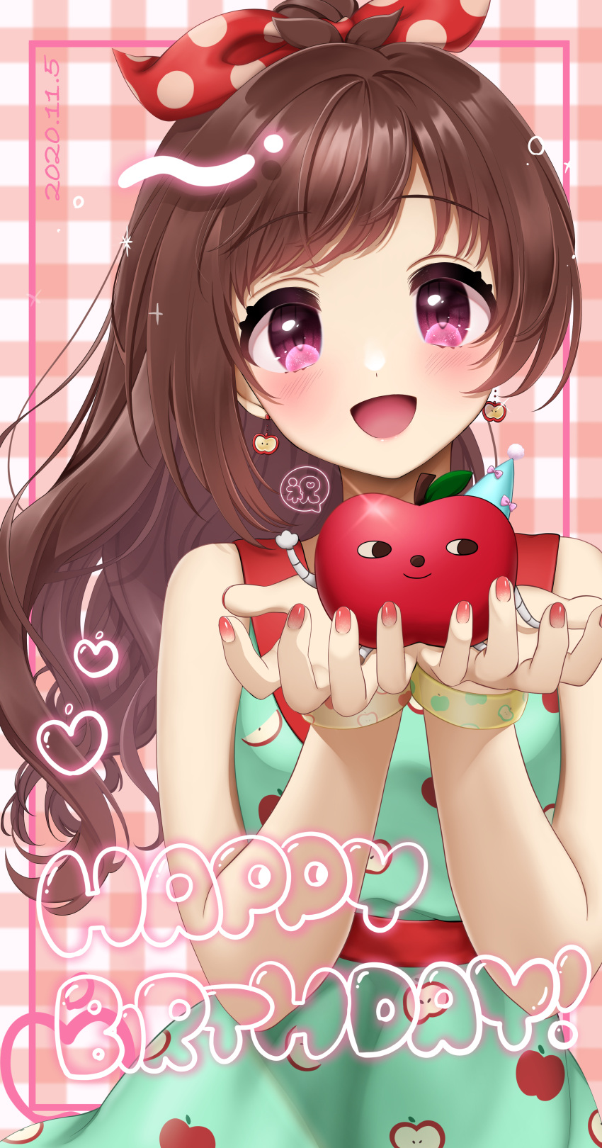 1girl, :d, absurdres, antenna_hair, apple_print, bangs, bare_shoulders, blush