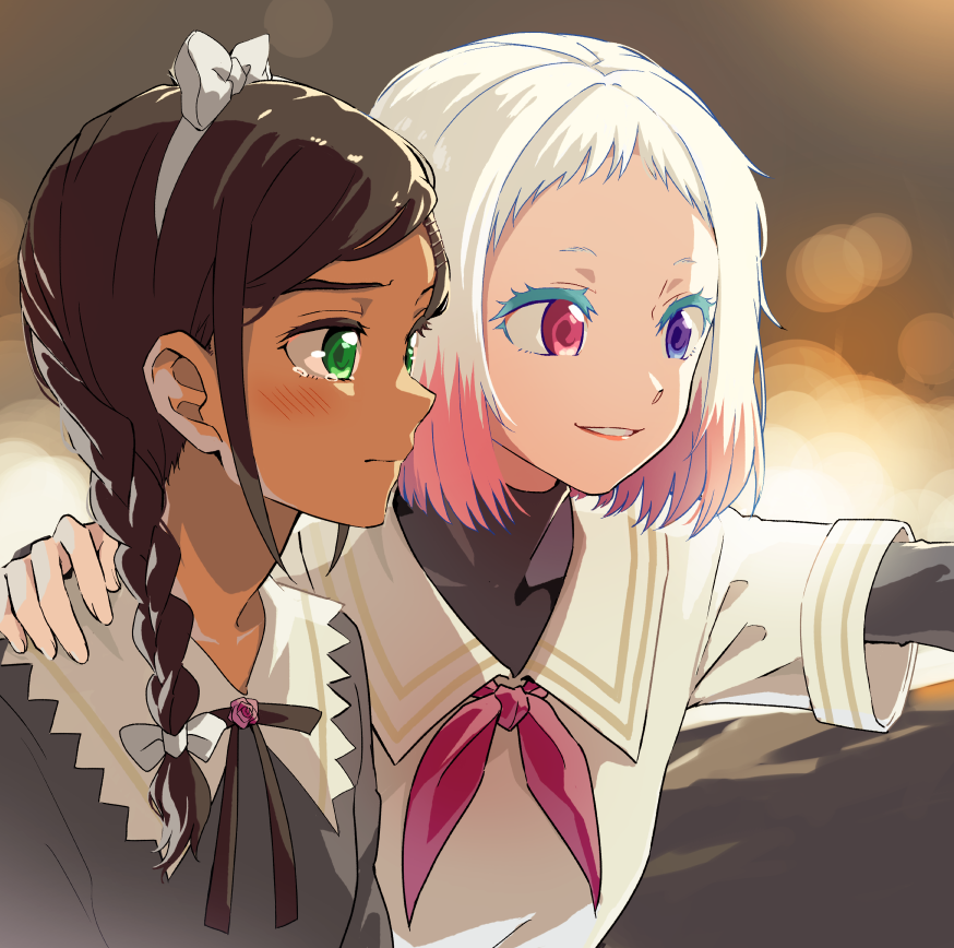 albino, aonuma_neiru, aqua_eyelashes, awano_kotobuki, black_hair, black_ribbon, black_shirt, blouse