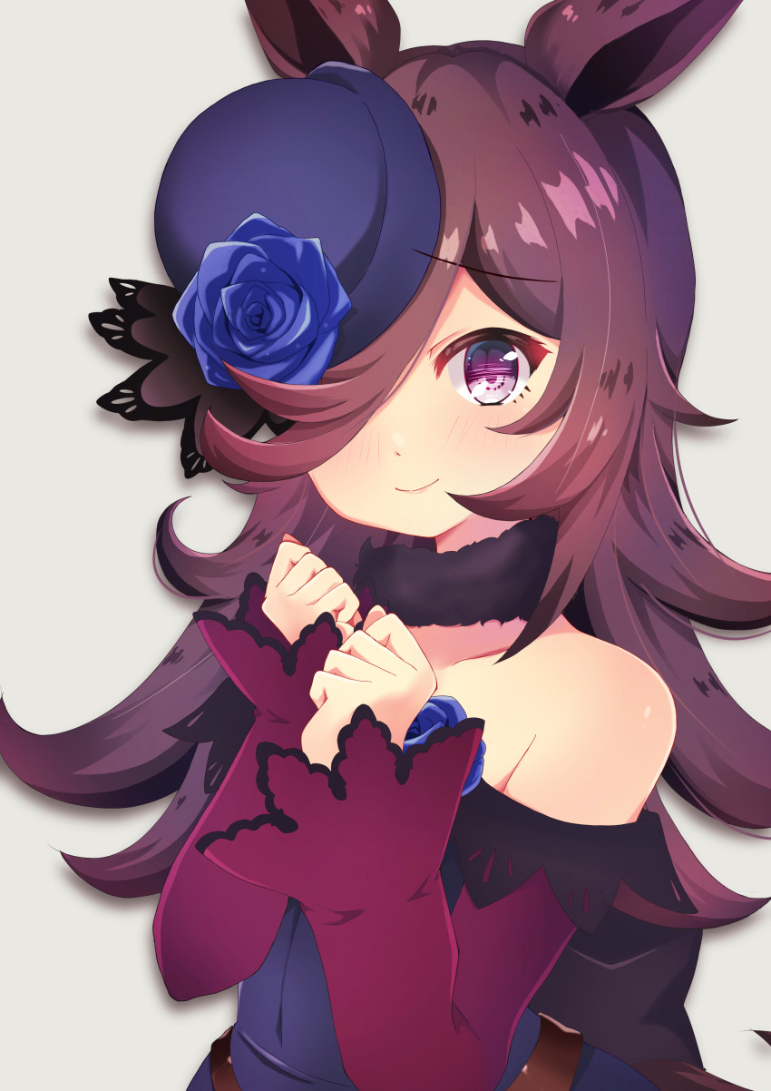 1girl, absurdres, akashiro_hana, bangs, bare_shoulders, blue_dress, blue_flower, blue_headwear