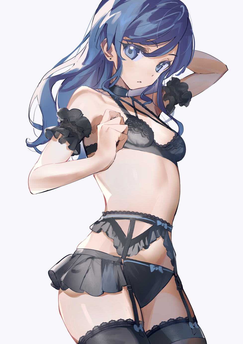 1girl, aikatsu!, aikatsu!_(series), arm_up, bangs, black_bra, black_choker, black_legwear