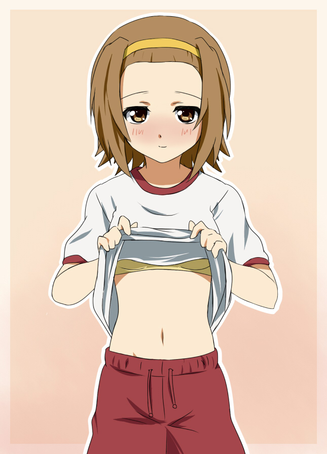 brown_eyes, brown_hair, face, gym_uniform, hairband, ikari_manatsu, k-on!, navel