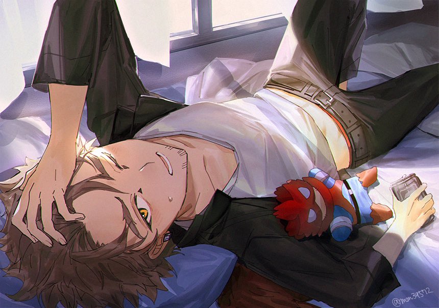 1boy, artist_name, bed, belt, belt_buckle, black_belt, black_jacket, black_pants