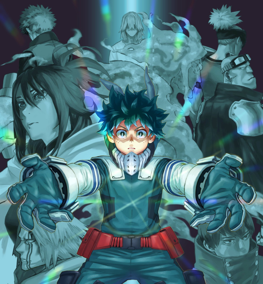 1girl, 6+boys, all_might, armor, back, back_turned, bald, belt, belt_pouch, black_background, boku_no_hero_academia, bright_pupils, cape, elbow_gloves, en_(boku_no_hero_academia), facial_mark, freckles, gloves, goggles, goggles_on_head, green_eyes, green_gloves, green_hair, green_theme, hair_up, highres, lariat_(boku_no_hero_academia), long_hair, midoriya_izuku, mole, mole_under_mouth, multiple_boys, outstretched_arms, pouch, shimura_nana, shinomori_hikage, shoulder_armor, simple_background, spiky_hair, spoilers, two-tone_gloves, white_gloves, yomoyama_yotabanashi