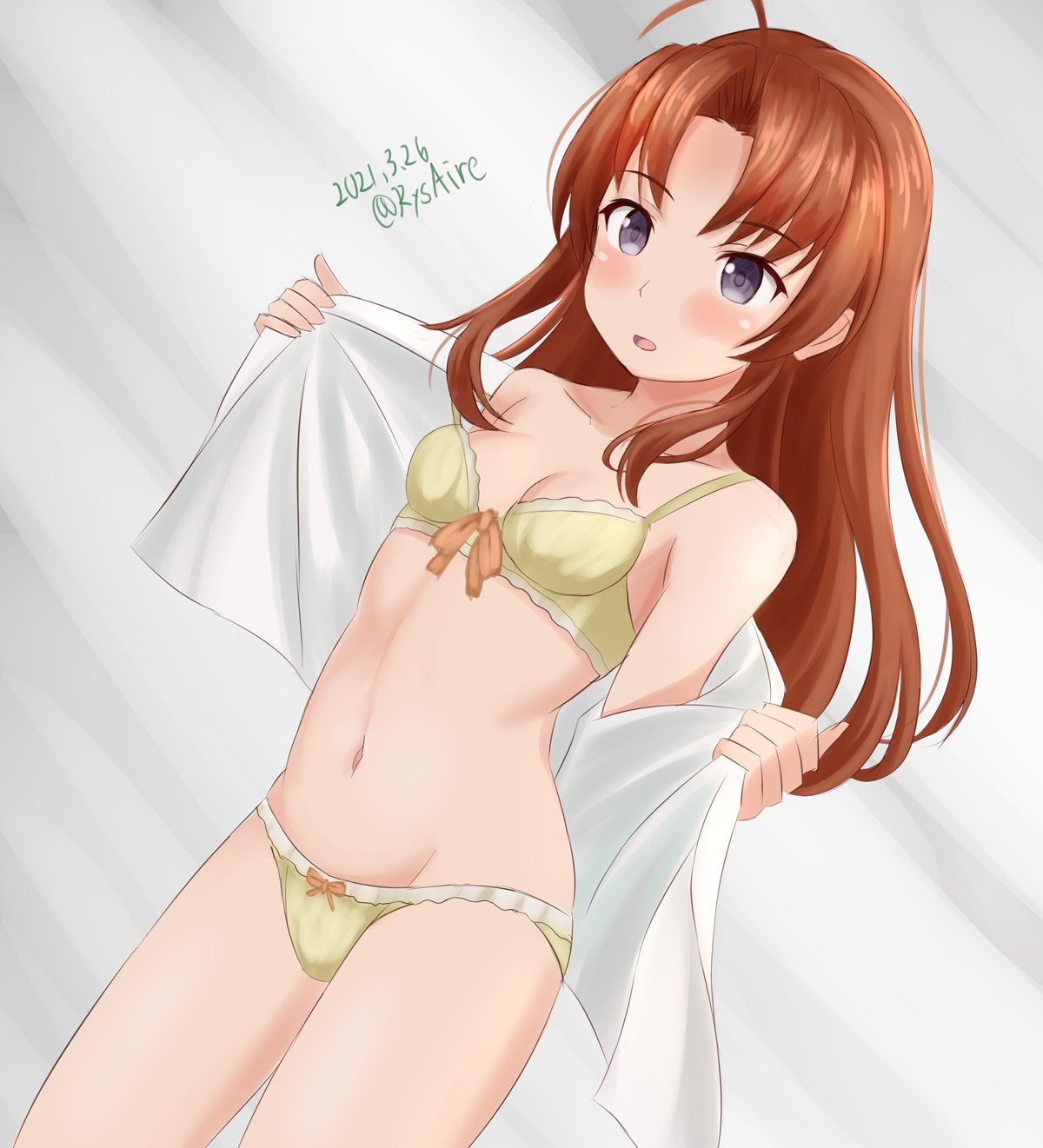 1girl, ahoge, alternate_hairstyle, ame-san, bra, breasts, brown_hair, collarbone
