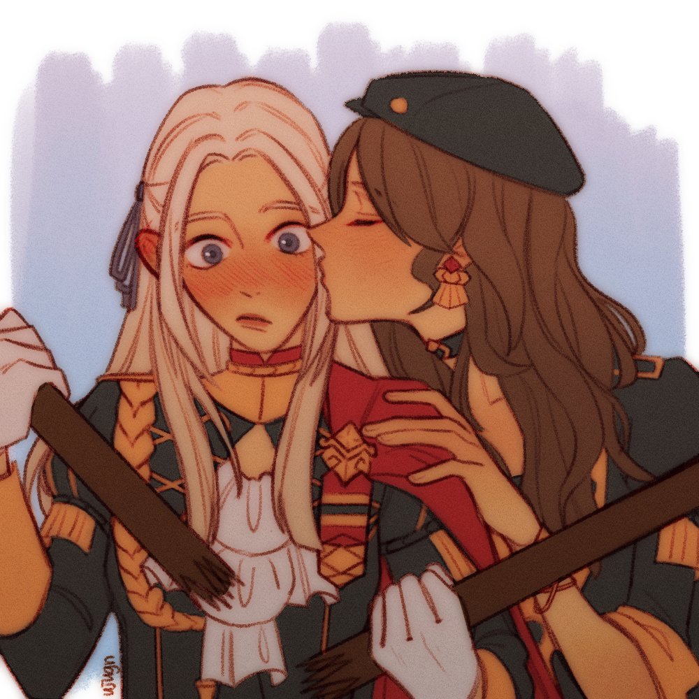 2girls, artist_name, black_headwear, blush, broken, broken_weapon, brown_hair, cheek_kiss