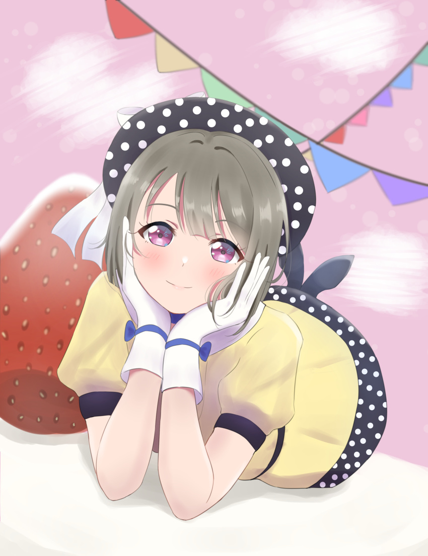 absurdres, blue_bow, blue_ribbon, blush, bob_cut, bow, dress, food
