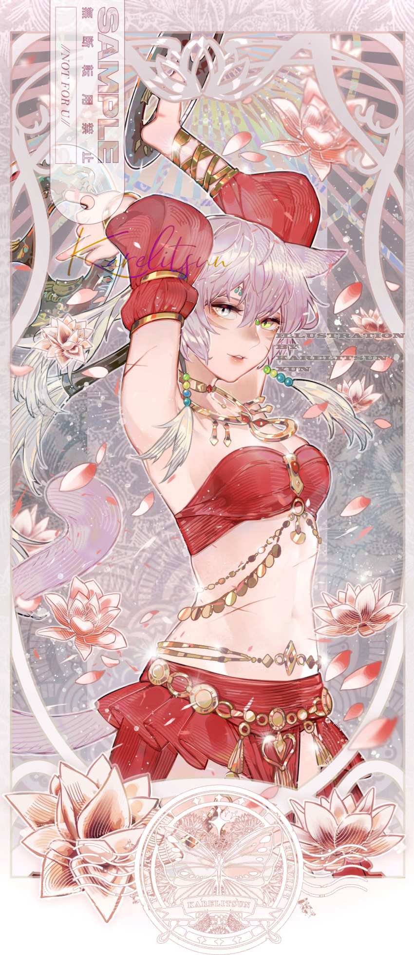 1girl, absurdres, animal_ears, armpits, arms_up, bandeau, bangs, bare_shoulders, breasts, cat_ears, cowboy_shot, final_fantasy, final_fantasy_xiv, grey_eyes, hair_between_eyes, highres, jewelry, long_hair, looking_at_viewer, midriff, miqo'te, navel, necklace, parted_lips, silver_hair, small_breasts, solo, stomach, strapless, tubetop, xunying_kui