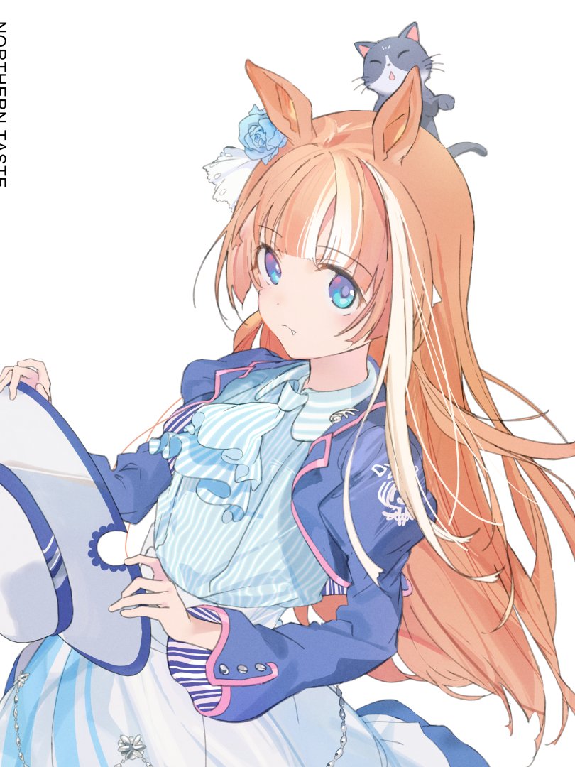 1girl, akikawa_yayoi, animal_ears, animal_on_head, blue_eyes, brown_hair, cat, commentary_request, dress, fang, flower, hair_flower, hair_ornament, horse_ears, looking_at_viewer, on_head, simple_background, solo, umamusume, white_background, wss_(32656138)
